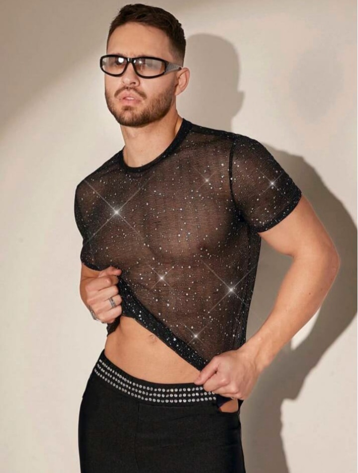 Men's Rhi9nestone Emblished Knit Casual T-Shirt